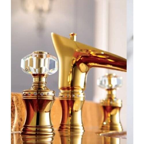 Free ship 3 Holes SINK FAUCET BATHROOM MIXER TAP Widespread Basin Lav sink Faucet Waterfall Gold Mixer Tap crystal handles New