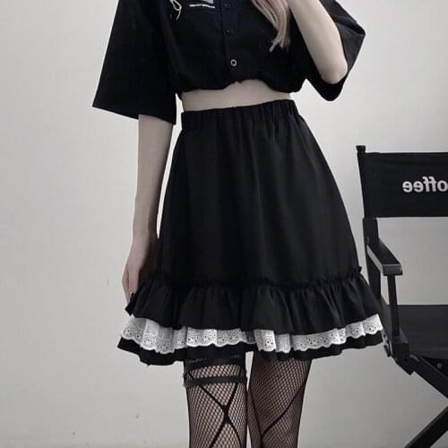 Lace Trim Cake Skirt Women Summer A-line Elastic Waist Y2k Fashion Lolita Mini Skirt Japanese Style Cute Skirts for Kawaii Girls