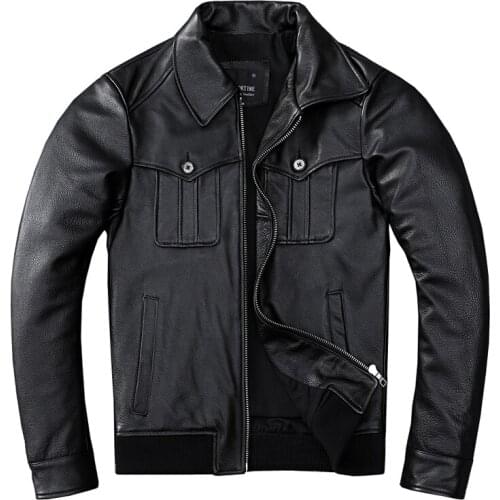 Mens Genuine Cowhide Black Leather Jacket Short Slim-fitting Motorcycle Jersey Cowhide Leather Jacket Coat Large Size XL 2XL