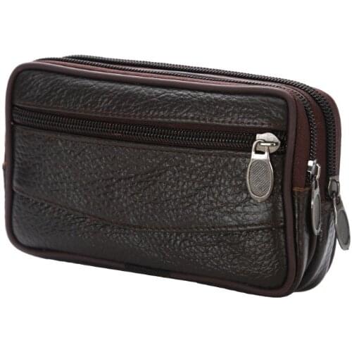 Double Zipper Mens Fanny Pack Male Coin Purse PU Leather Waterproof Casual Mobile Phone Man Waist Packs Bags