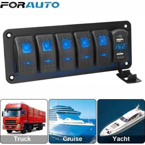 5 Gang Rocker Switch Panel 4.2A Outlet Combination Digital Voltage Display Dual USB Port for Car SUV Marine RV Truck Universal