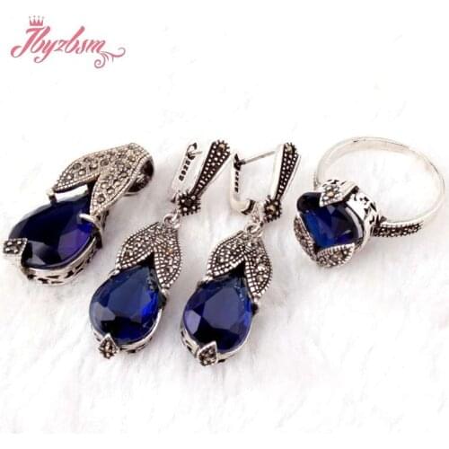 Drop Blue CZ Crystal Stone Marcasite Tibetan Silver Necklce Pendant Earrings Rings Fashion Jewely Women Gift ,Free Shipping