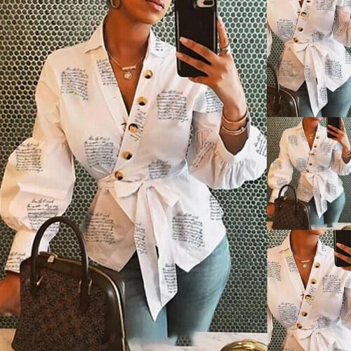 Casual Women Printing Blouse Loose Lantern Sleeve Drawstring Waist Shirts Fashion Buttons V Neck Slim Shirts Women Shirts