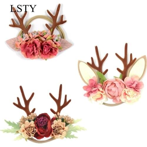 Christmas Antler Baby Girl Headbands Baby Hair Accessories Xmas Deer Ear Flower Crown Hairband for Newborn Photography Props