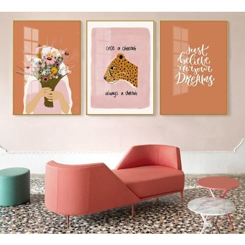 Simple Nordic watercolor bouquet of beauty pink leopard porch sitting room mural poster prints photo wall decoration picture