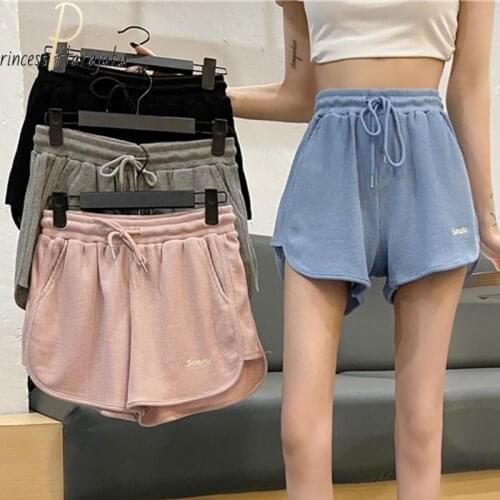Polyester Casual Blue Letter Shorts Women Summer Sexy High Waist Shorts Fitness Female Vintage Belt Loose Shorts 2021