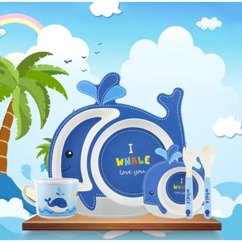 5Pcs/set Eco-friendly Bamboo Fiber Baby Plate Dishes Baby Eating Tableware Set Kids Plates Cartoon Feeding Bowl Separation Plate