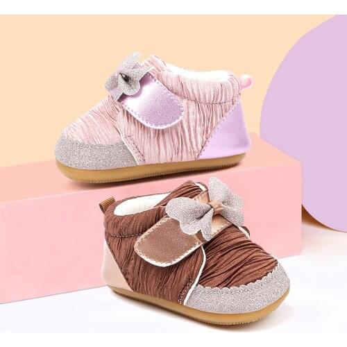 TOU Newborn Girls Shoes Baby Soft Sole Bow Princess Shoes Toddler First Walkers Shoes Infant Anti-slip Shoes Crib Shoes 0-18M
