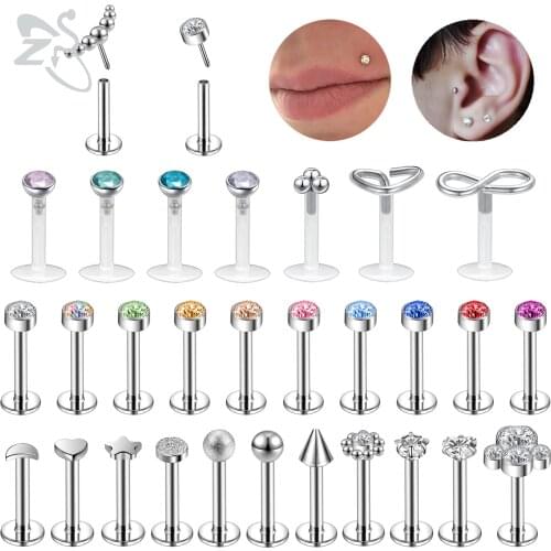 ZS 1 PC Plug-in Style 316L Stainless Steel Lip Labret Piercing Star Heart CZ Crystal Ear Helix Tragus Piercings Jewelry 6/8/10MM