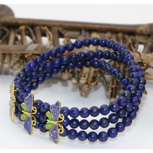 High grade natural blue lapis lazuli 4mm round beads 3 rows multilayer elastic bracelets gifts cloisonne spacers jewelry B2777