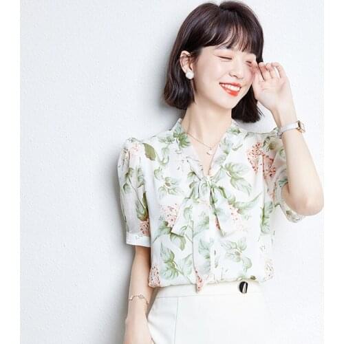 Women Blouses and Shirts 2021 Summer Short Sleeve Printed Shirt Fashion Bow Chiffon Blouse