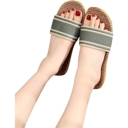 Womens Linen Breathable Anti-slip Home slipper Female fashion Open Toe Beach Slippers Indoor Flip Flops Flat Shoes A40
