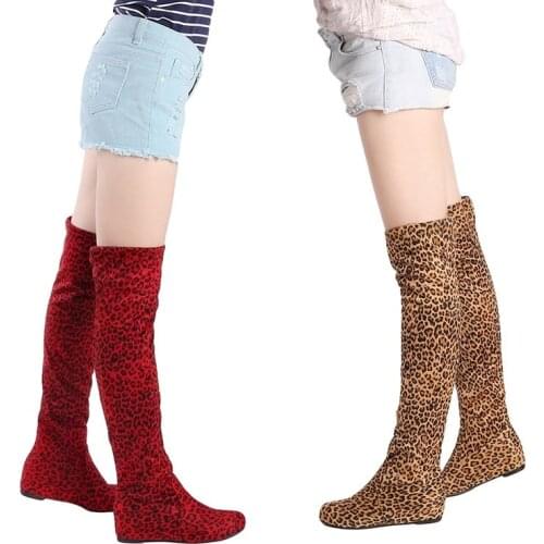GAOKE Women Boots Autumn Winter Leopard Height increasing Boots Casual Flat Fold Over The Knee Thigh High Long Boots TR642916