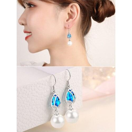 Chic Pearl &Sea Blue Crystal Topaz Aquamarine Gemstones Diamonds Drop Earrings for Women 18k White Gold Silver Color Jewelry New