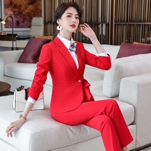 Elegant Red OL Styles Formal Women Business Suits Long Sleeve Autumn Winter Professional Ladies Office Pantsuits Blazers Set