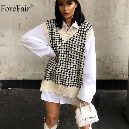 Forefair V Neck Sleeveless Plaid Sexy Women Vest Sweater Autumn Winter Knit Pullover Casual Loose Vest Outwear Jumper Vests