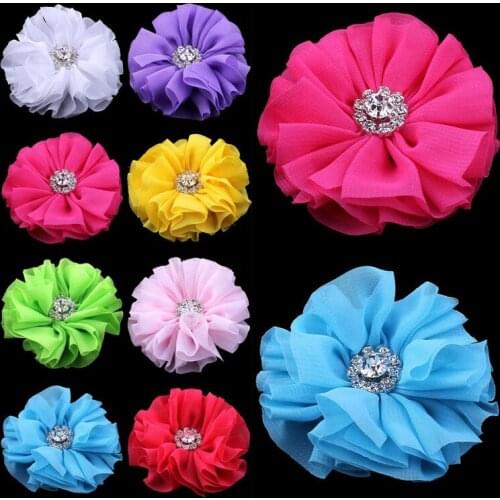 120pcs/lot 6.5cm 15colors Hair Clips Ruffled Ballerina Chiffon Hair Flower With Rhinestone Button Fabric Flowers For Headbands