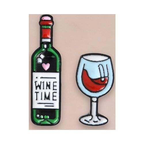 2pcs/set WINE TIME Enamel brooch Mini Wine Glass badge Lapel pin Denim Jeans shirt bag Cartoon Love Jewelry Gift for Lovers Wife