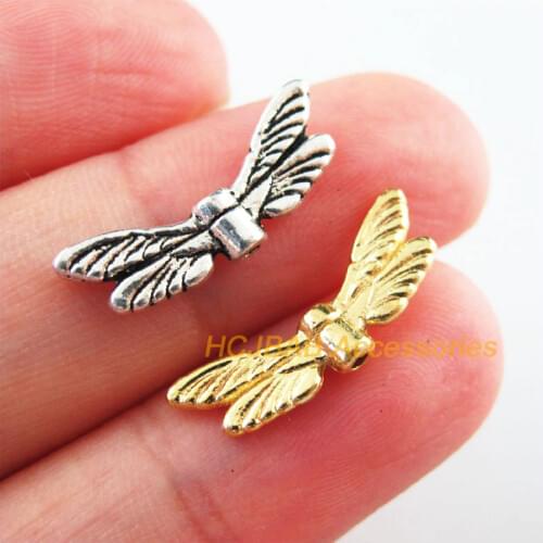 35Pcs Retro Tibetan Silver Tone Gold Color Dragonfly Wings Spacer Beads Charms 7x20mm