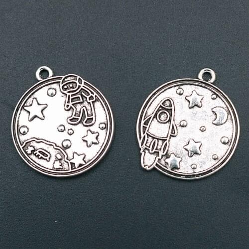 WKOUD 6pcs Silver Color Lunar Spaceship Astronaut Charm Necklace Bracelet DIY Metal Jewelry Round Alloy Pendants A1631