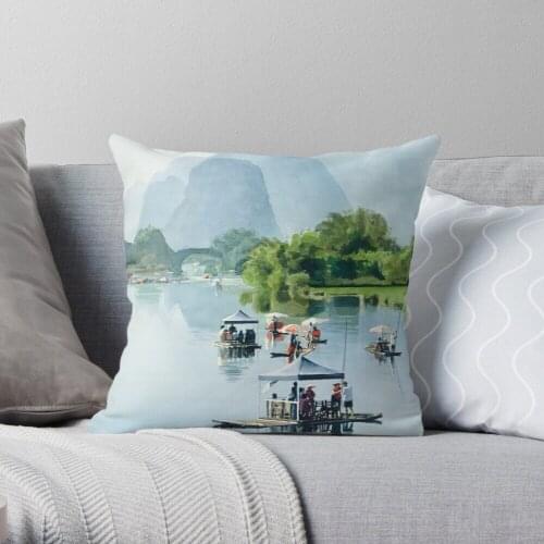 Bamboo Rafting To Shangri La Watercolor Throw Pillow Cushion Cover Polyester Throw Pillows Case On Sofa Home Living Room Decor