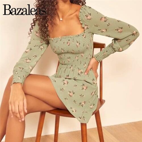 Bazaleas Vintage holiday vestido Green Floral Print Long sleeve women dress Retro Elastic women Dresses