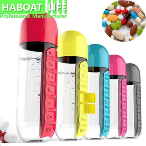 600ml Sports Plastic Water Bottle Combine Daily Pill Boxes Organizer Drinking Bottles Leak-Proof Bottle Outdoo c