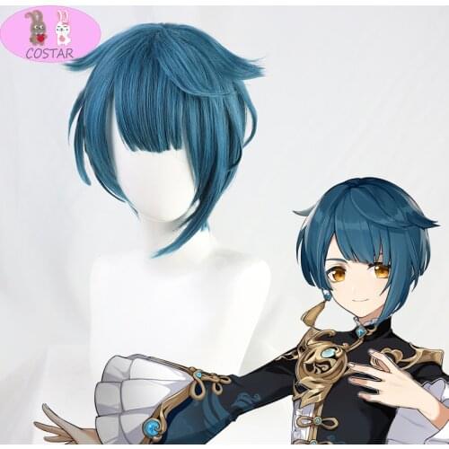 COSTAR Genshin Impact Xingqiu Xing Qiu Cosplay Synthetic Wig Short Blue Short Heat Resistant Hair Men Women Halloween Free Cap