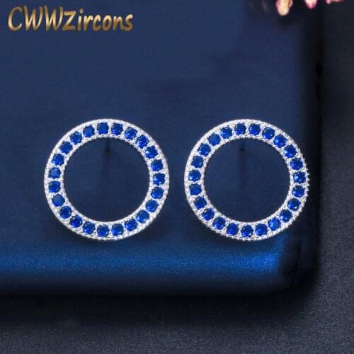 CWWZircons Simple Fashion Designer Dark Blue Cubic Zirconia Crystal Love Hollow Out Round Stud Earrings for Women CZ585
