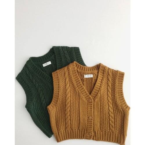 9128 Children Clothes Sweater Vest 2021 Autumn Winter New Literary Vest V-neck Girls Knitted Vest Solid Color Casual Boys Top