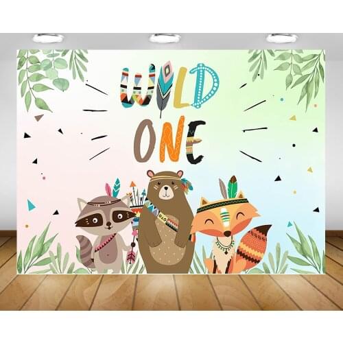 Wild One Birthday Party Banner Background for Photo Studio Jungle Forest Animals Hunter Backdrop Spring Hunt Squirrel Bear Fox