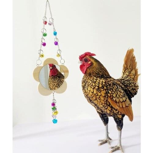 Chicken Toy Hanging Chicken Mirror Toy with Bell Wooden Pecking Toy for Coop Pet Bird Toy for macaw Parakeet Cockatiels