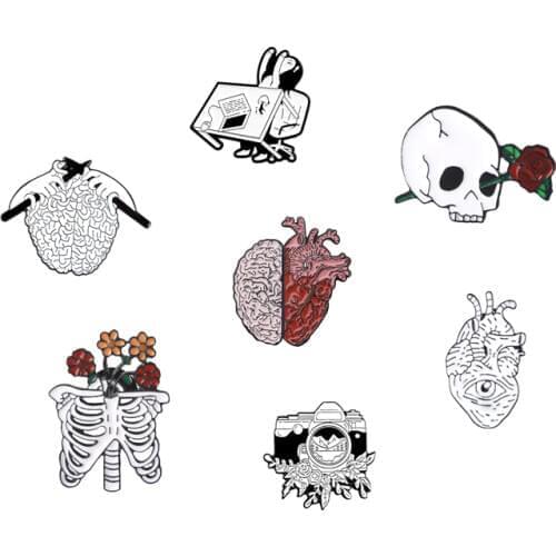 Creative Brain And Heart Enamel Brooch Pin Medical Minimalist Eye Badge Buttons Rose Flower Skeleton Jewelry Lapel Pin For Gift
