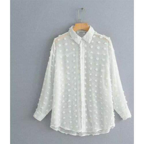 Hot Selling Womens See-through Chiffon Blouse Fur Ball Polka Dot Shirts Chic Long Sleeve Shirt Tops Lady Femme Loose Blouses