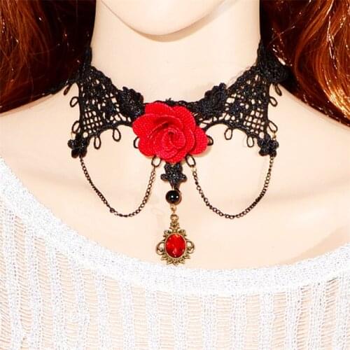 Fashion Victorian Women Red Rose Flower Retro Goth Black White Lace Necklace Collar Choker Velvet Vintage Gothic Chain Pendant
