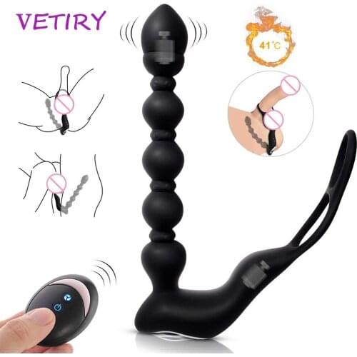 VETIRY Male Prostate Massage Heating Vibrator Penis Ring Anal Plug Stimulator Butt Plug Delay Ejaculation Ring Toy For Men