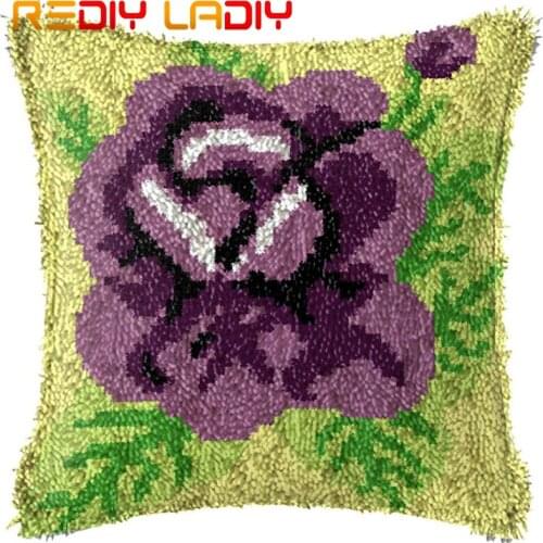 Latch Hook Kits Make Your Own Cushion Purple Rose Pre-Printed Canvas Crochet Pillow Case Latch Hook Cushion Cover Arts & Crafts