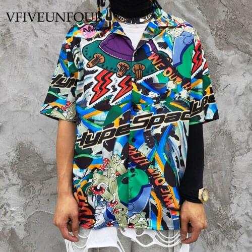 VFIVE UNFOUR New Arrivals Hawaiian Shirt Graffiti Alien Print Short Sleeve Shirts Streetwear Hip Hop Beach Tropical Casual Tops