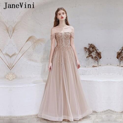JaneVini Charming Nude Pink Long Evening Dresses for Women Off Shoulder Plunging Beading Sequined A Line Formal Tulle Dress 2021