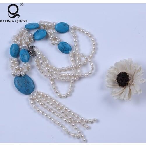 Blue Turquoise White Freshwater Pearl Pendent Necklace Jewelry With Tassel