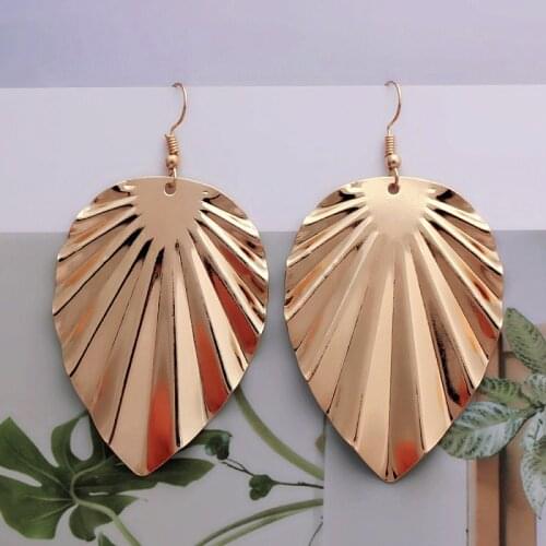 Simple Shiny Big Metal Earrings Gold Silver Color Leaf Shaped Earrings for Women Luxury Hook Steampunk Jewelry
