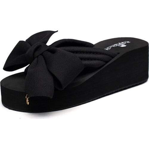 Summer Womens Shoes High-Heeled Sandals Outer Wear Thick-soled Non-Slip Slope With Bow Design Slippers Outdoor Beach Flip-Flops