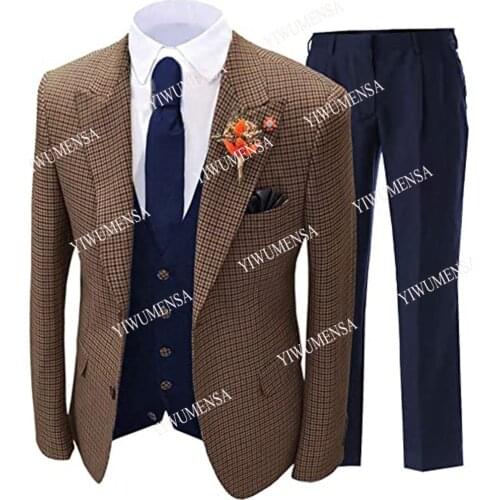 Tailor-Made Plaid Houndstooth Jacket Robe De Mariée 3 Piece Checked Men Suits Groom Wear Business Blazers Prom Foral Party Gowns