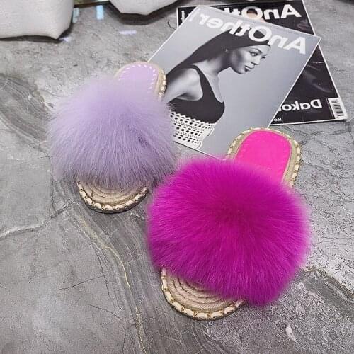 Hot Summer Women Fox Fur Slippers Real Fur Slides Indoor Female Flip Flops Casual Raccoon Fur Sandals Fur Fluffy Plush Shoes