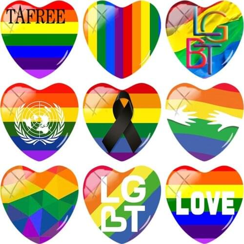 TAFREE DIY Heart Shape Glass Cabohcon LGTB Rainbow Design Patterns Dome Base Cover Pendant Cameo Settings Jewelry Findings