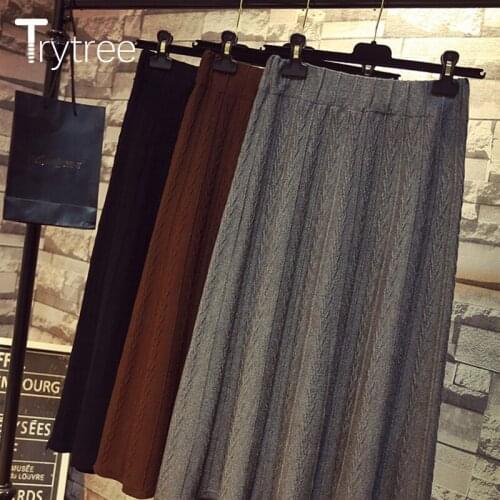 Trytree 2020 Spring Summer Casual Skirt A-line Elegant vintage Fashion Elastic Waist Solid Knitted Office Lady Mid-Calf Skirt