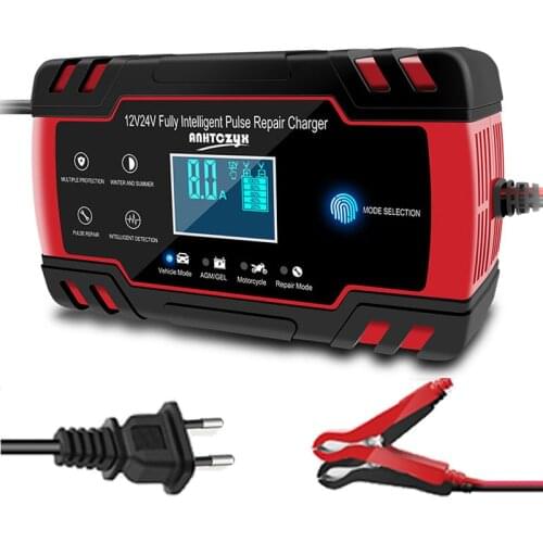 Car Battery Charger 12/24V 8A Touch Screen Pulse Repair LCD Fast Power Charging Wet Dry Lead Acid Digital LCD Display