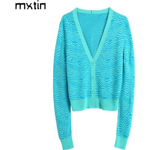 MXTIN 2021 Women Spring Vintage Jacquard Single Breasted Knit Jacket Coat Fashion V-Neck Long Sleeve Outerwear Casual Tops Mujer