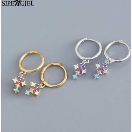 SIPENGJEL Fashion Colorful Zircon Cross Drop Huggie Earrings For Women Geometric Small Hoop Earrings Girls Jewelry Gift 2021