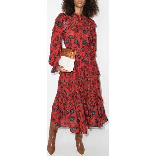 2021 Fashion Runway Dress Women Red Flowers Printed Lantern Sleeve Ruffles Patchwork Belt Elegant Party Dresses